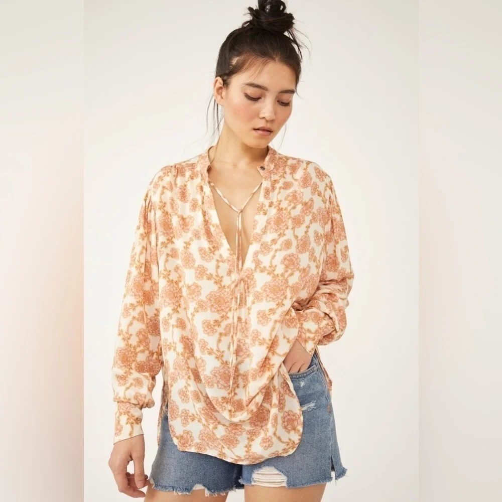 Free People Mia Floral tie neck tunic top size small